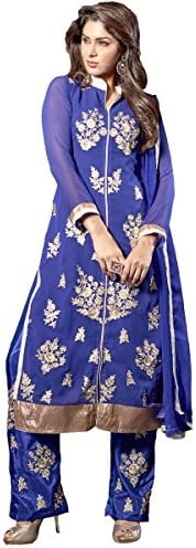 Blue Colour Foux Georgette Party Wear Floral Zari Embroidery Pant Style Suit 1005