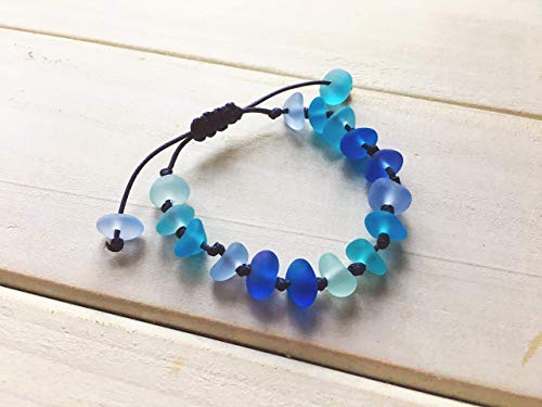 Blue Sea Glass Bracelet, Adjustable 