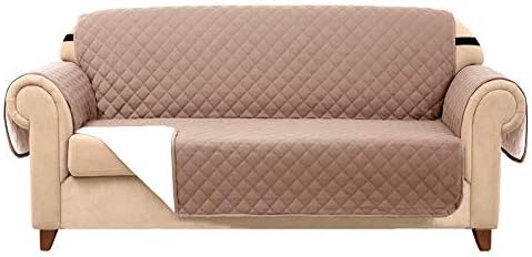 subrtex Quilted Sofa Cover Reversible Sofa Slipcover Protector 1,2,3 Seater with Adjustable Elastic Straps, Side Storage Pocket (Sofa, Sand)