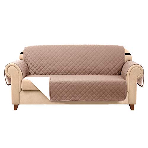 subrtex Quilted Sofa Cover Reversible Sofa Slipcover Protector 1,2,3 Seater with Adjustable Elastic Straps, Side Storage Pocket (Sofa, Sand)