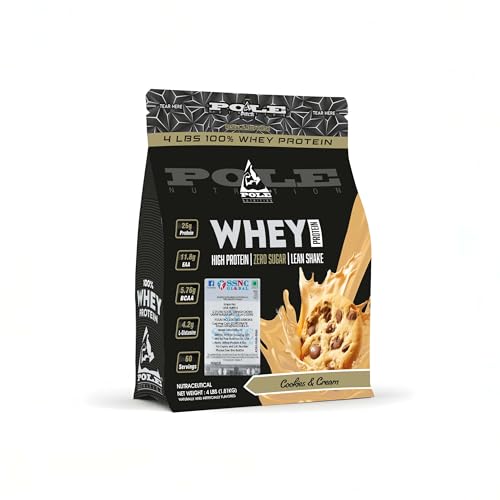 Pole Nutrition Whey Protein | Lean Muscle Shake | High Protein, Zero Sugar (1.81 Kg) | Supports Recovery & Muscle Growth (4 Lbs, COOKIE & CREAM)