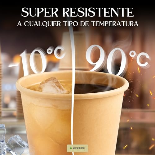 VERUPORE 210ml Disposable Coffee Cups with Wooden Sticks | Pack of 100 | BPA Free Heavy Duty Kraft Paper Cups, Suitable for Hot and Cold Drinks