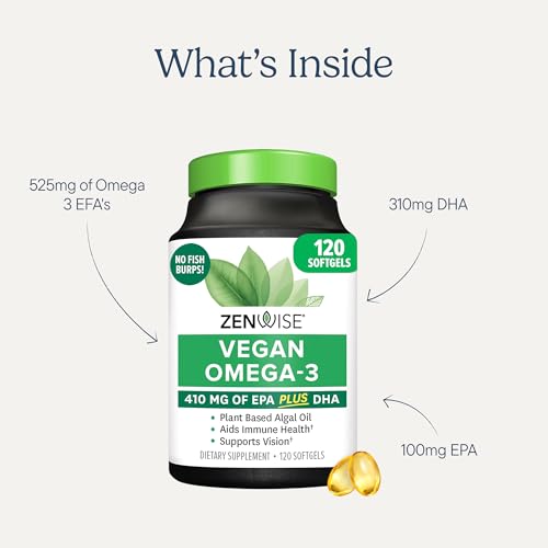 Zenwise Health Vegan Omega 3 Supplement, Algae Oil, EPA DHA - 120 CT | 120 Softgels, Plant-based Fish Oil Alternative, 510mg EPA DHA DPA, Algal Oil, Sustainably Sourced, Burpless, Non-GMO, Vegan