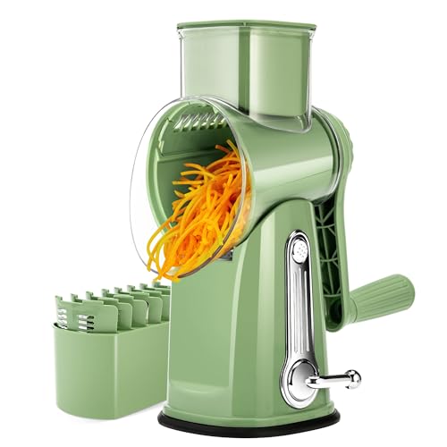SUSTEAS Cheese Grater with Crank - Grater for Vegetables with 5 Drum Blades, Strong Suction Base, Vegetable Cutter, Ideal for Cheese, Cucumbers, Carrots, Nuts, Vegetables etc., with Blade Storage Box (Retro Green)