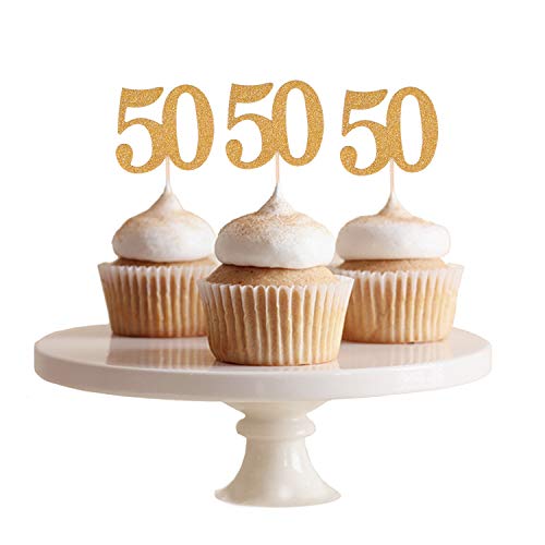 Donoter 50pcs 50th Cupcake Toppers Gold Glitter Number 50 Cake Picks for Birthday Anniversary Party Decoration