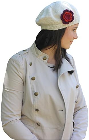 Handmade Knitted by Hand Pure Alpaca Beret Hats with Crocheted Flower (Irish Ivory)