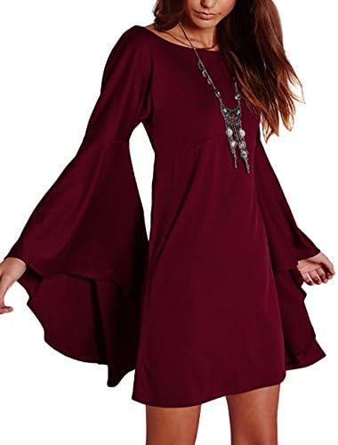 WANTU Womens Loose Bell Long Sleeve Solid Knit Mini A Line Dress (US 4-6, wine red)