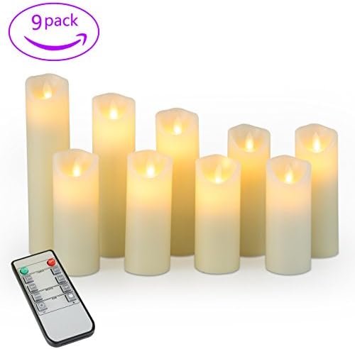 Remote Control Candles 4" 5" 6" 7" 8" 9" Pack of 9 Dripless Real Wax Pillar Candles by Rommdle with Timer Flickering Remote Control,Ivory