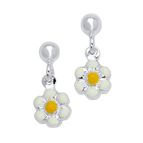 UNICORNJ Sterling Silver Childrens Earrings with Enamel White and Yellow Flower Charm