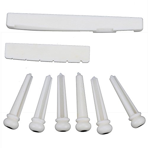 Highmoor 1 Set of 6 String Acoustic Guitar Bone Bridge Saddle and Nut and 6pcs Guitar Bone Bridge Pins Made of Real Cattle Bone Part and Accessories