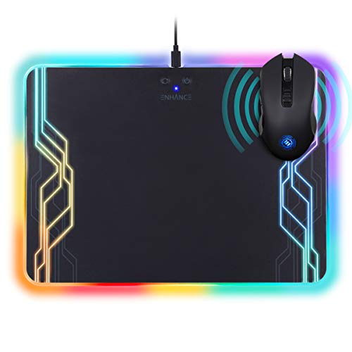 ENHANCE PowerUP Wireless Charging LED Mouse Pad + Gaming Mouse Bundle - Hard Mat with Custom Lighting & Programmable RGB Mouse - Compatible with Qi Wireless Enabled Devices