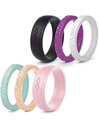 Rinfit - Anillos de boda de silicona para hombre y mujer, diseño único de goma de silicona, paquete de 5 anillos de hombre o 6 bandas finas apilables. Colgante de patente de diseño estadounidense.