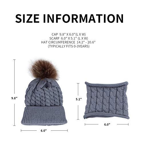 Baby Girls Boys Winter Beanie Hat Scarf Set Toddler Warm Knitted Hats Circle Scarf for Infant Newborn Winter Pom Hat Grey