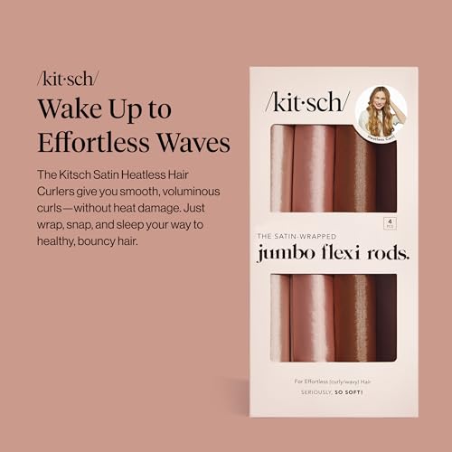 Kitsch Satin Hair Curlers, Heatless Curling Rod - Jumbo Flexi Rod for Heatless Curls Overnight, Comfortable Hair Curlers to Sleep In for Frizz-Free, No Heat Damage Styling - 4pcs Rosewood