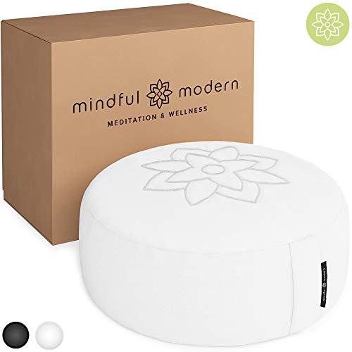 Mindful and Modern Large Meditation Cushion Pillow – Zafu Yoga Bolster Meditation Pillows For Sitting On Floor – Buckwheat Hull Filled Round Cushion with Removable Cover + Carry Handle (Classic White)