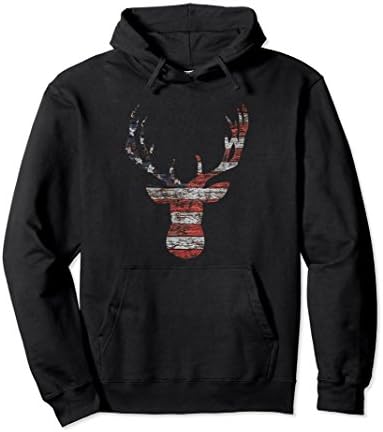 Unisex American Flag Stag Head Pullover Hoodie, wood, rustic Large Black