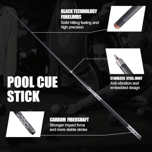 Billiard Cue Stick 9-ball 8-ball 1/2 Split Carbon Fiber Pool Cue 13MM Tip | Straightness,sweat-absorbent Grip, Stainless Steel Joint, Explosion-Proof,144cm 560g, with freebies tips chalks gloves glue