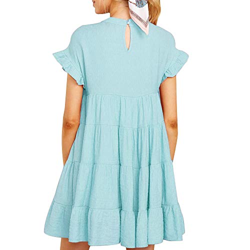 Joteisy Women's O Neck Ruffle Short Sleeve Tiered Casual Mini Dress (L, Light Blue)