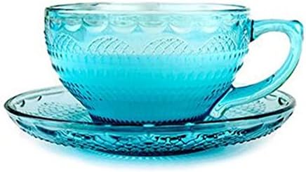 XIAOMEIXI Glass Cup with Saucer Creative Colored Water Cup Heat Resistant Easy to Clean Home Tableware, Blue