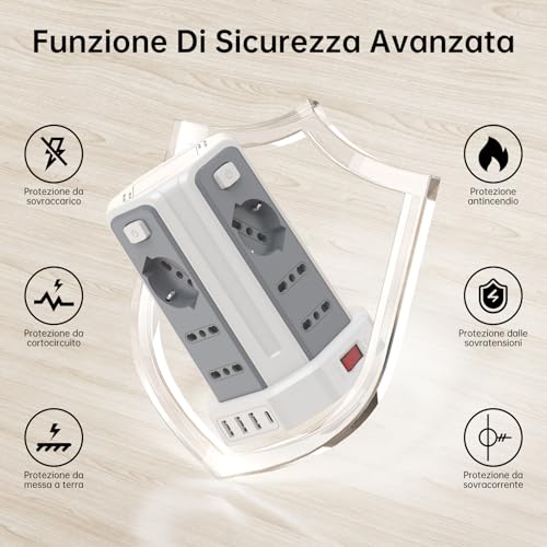 Power Strip 5 m with 12 Universal Sockets 10/16A ITA and Schuko and 3 USB A+1 USB C Overvoltage Protection with 4 Independent Switches, White