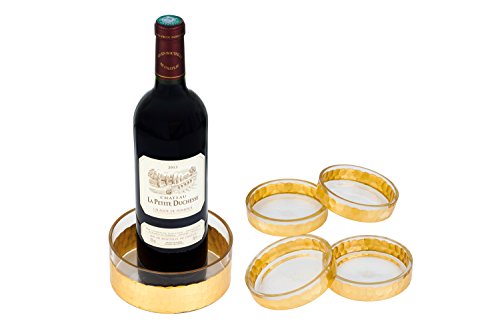 Fitz And Floyd Daphne Gold 5 Piece Coaster Set - 4 Coasters With Wine Holder - Thumbnail 3