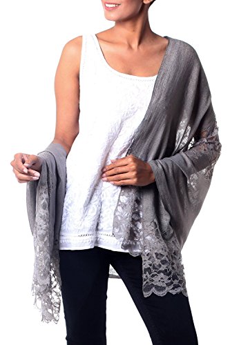 NOVICAArtisan Handmade Wool Blend Shawl Taupe Grey Trimmed with Floral Lace Viscosewool India Accessories Solid 'Infinite Kashmir'