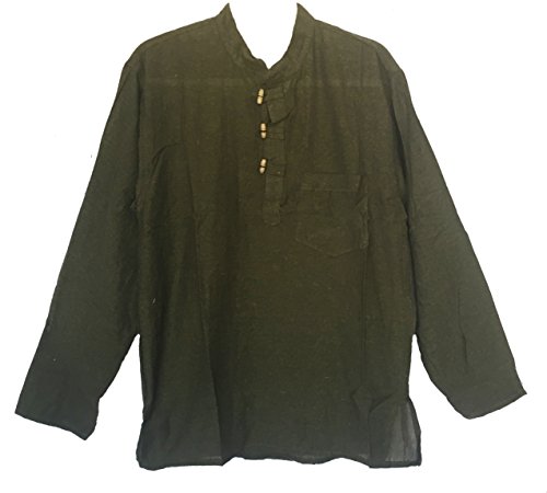 Mens Tunic Handloomed Cotton 3-Wooden button Loop Closure, Mandarin Collar (Large/XL, Green)
