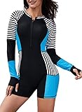 LEANI Women Long Sleeve Rashguard One Piece Swimsuit Zip UV Protection Striped Color Block Surfing Swimwear Bathing Suit