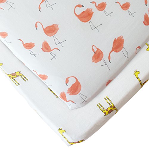 Baby Changing Pad Cover Set Muslin Cotton, Portable Contoured Diaper Change Pad Sheet for Boys and Girls by Vlokup, Flamingo & Giraffe Prints