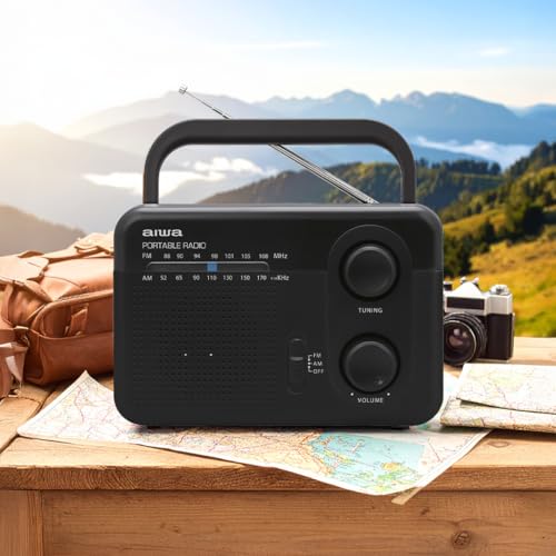Aiwa Radio Analógico Portátil AWFML4 Am 520-1710 kHz FM 87.5-105 MHz Altavoz 3″ AUX, Bateria Recargable, Antena, Entrada de Auriculares 3.5 mm Color Negro