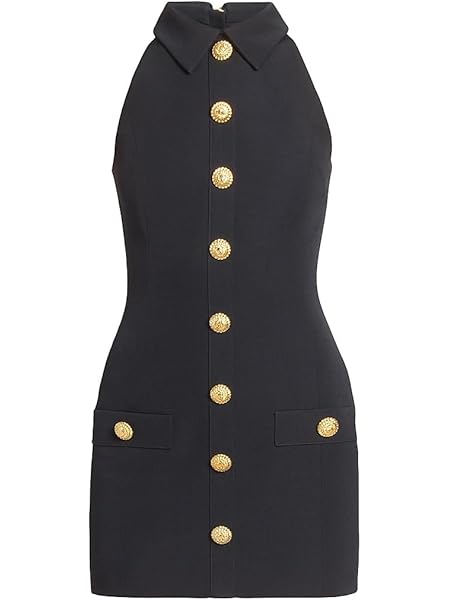 Balmain Grain de Poudre Wool Minidress — Black Wool Mini Dress with Signature Gold Buttons