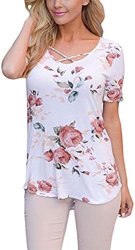 ChongXiao Womens Sexy Crisscross Front V Neck Short Sleeve Flora Print Tunic Blouse Tops (L, White)