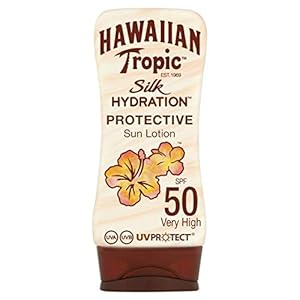 Hawaiian Tropic | Silk Hydration Sunscreen Sonnenschutzlotion LSF 50 UVA + UVB Schutz, 180 ml, 12-Stunden-Feuchtigkeitspflege mit Kakao- und Sheabutter, wasserfest, vegan