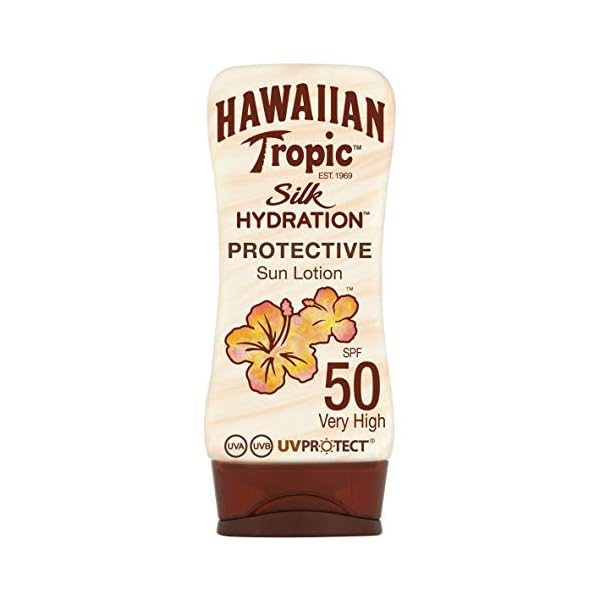 Hawaiian Tropic | Silk Hydration Sunscreen Sonnenschutzlotion LSF 50 UVA + UVB Schutz, 180 ml, 12-Stunden-Feuchtigkeitspflege mit Kakao- und Sheabutter, wasserfest, vegan