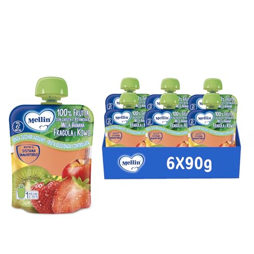 Mellin Merenda, Frutta Mista, Mela, Banana, Fragola e Kiwi, 6x90g