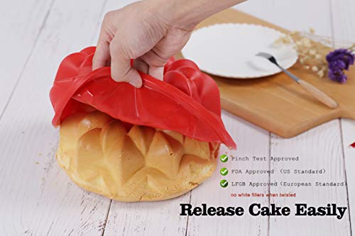 Aokinle Silicone Cake Pan, European Grade Fluted Round Cake Molds, Non-Stick Jello Molds for Baking, Flexible Tube Pan, Ring Mold Cake pan 10inches, Red