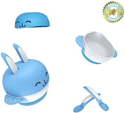 Dotala Baby Toddler Training Stay Put Suction Bowl with Lid,Baby Spoon and Fork,Infant Spill Proof Feeding Tableware 4 set,FDA Approved BPA free Perfect Baby Shower Gift Set (Blue-Bowl+Lid+Spoon+Fork)