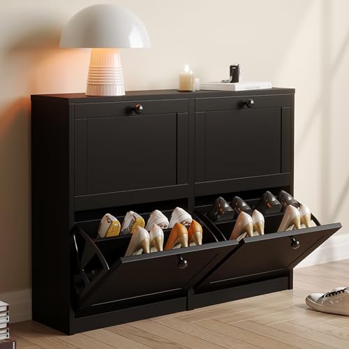 VOWNER Shoe Cabinet with 4 Flip Drawers, Freestanding Shoe Storage Cabinet with Adjustable Shelf & Anti-Tipping Device, Shoe Rack for Entryway, Hallway, Living Room (Black)