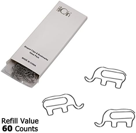 Cute Elephant Shaped Paper Clips Bookmarks (60 Counts Refill Pack) - Funny Office Supplies Gift Ideas