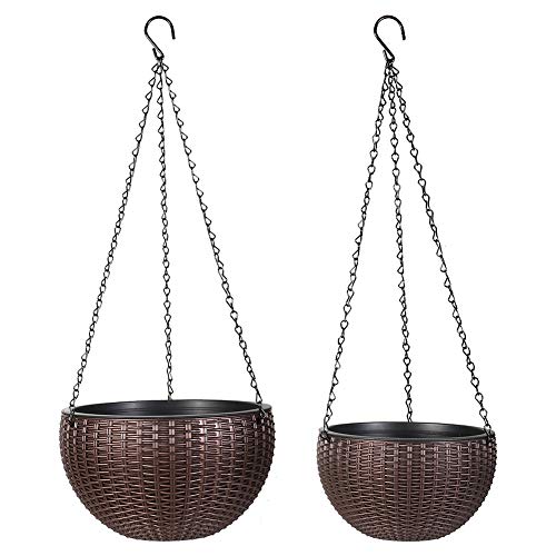 Moutik Hanging Planter Basket, Planter Self-Watering 10" & 8" Two Size Outdoor Indoor Use Elegant Round Plastic Wicker-Design Chain Baskets with Drain Plug (Not Include The Flowers and Plants)