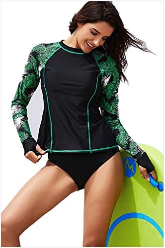 UR MAX BEAUTY Women's Long Sleeve Rashguard Surfsuit Top UPF 50+ Sun Protection Leaves Printed Swimsuit T-Shirt with Thumb Hole for Surfing Kayaking,L