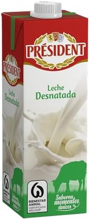 - Leche Président Desnatada, Leche Natural de Galicia, Fuente de Calcio y Proteínas, Sin Gluten, Bienestar Animal, Pack 6 x 1 L