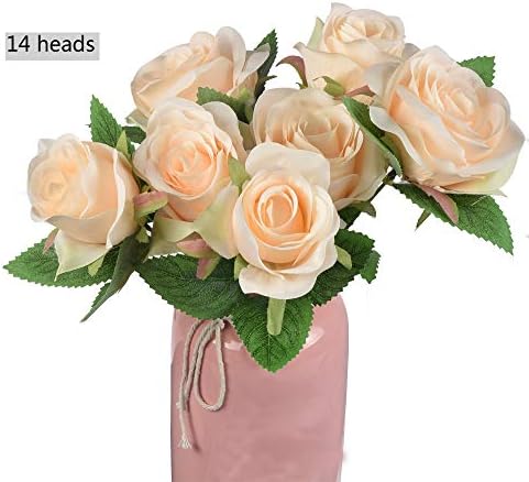 Ivalue Artificial Silk Rose Flower Bouquets Champagne 2 Bundles 14 Heads Fake Rose Bouquets for Home Wedding Decoration (Champagne, 2)