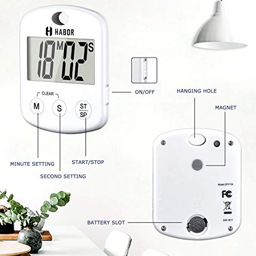 Habor Digital Cooking Timer, Large LCD Screen Kitchen Timer with Loud Beep, ON/OFF Switch, Strong Magnet Back, Count-Up & Count Down for Cooking Baking Sports Studying Games (Battery Included) - Thumbnail 2