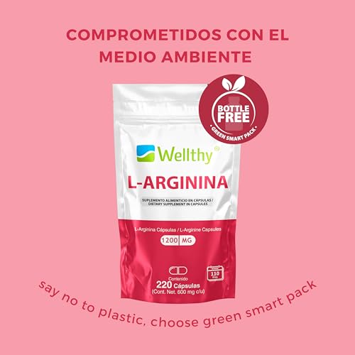 Wellthy L-Arginina 1200mg 220 Caps. 100% Pura y Natural, 110 Porciones por Envase, Alta Pureza con Certificaciones Internacionales, Bottle Free