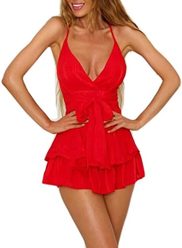 YiKeZhiXiu Women's Summer Floral Print Deep V Neck Backless Spaghetti Strap Mini Beach Dress Romper with Lining