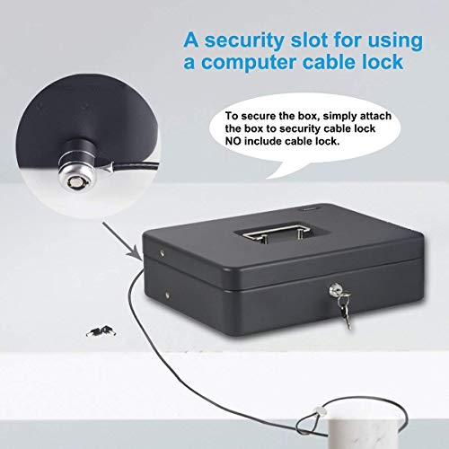 INFUN Cash Box with Money Tray and Lock, Durable Large Steel Money Boxes for Adults, Black Petty Cash Box (Cash Box with Coin lid)
