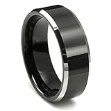 Tungsten Carbide Men's Ladies Unisex Ring Wedding Band 8MM (5/16 inch) Flat Top Two Tone Black Beveled Edge Comfort Fit (Sz 7 to 16)