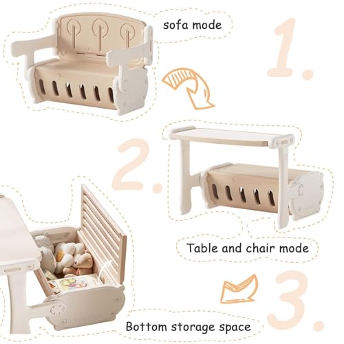Toddler Table and Chair Set, Foldable and Flip-Up Sofa Mode, Kids Table and Chairs with Storage, for Drawing, Reading, Writing and Playtime,Painting Desktop