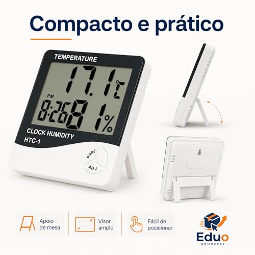 Termômetro Higrômetro Digital HTC-1 — Medidor de Temperatura e Umidade com Relógio, Alarme e Memória Máx/Mín | Display LCD Grande para Casa, Escritório, Quarto de Bebê e Estufa